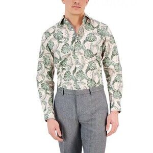 Bar III Men's Hoja Slim-Fit Botanical-Print Dress Shirt Apricot Olive Size Large
